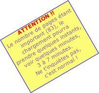 ATTENTION !!
Le nombre de pages étant important (83), le chargement pourra 
prendre quelques instants, voir quelques minutes,
3 à 7 minutes. 
Ne t'inquiètes pas, 
c'est normal !
